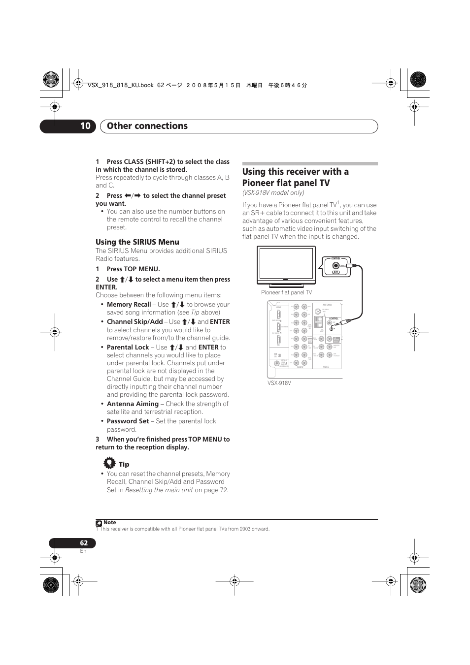 Using the sirius menu, Using this receiver with a pioneer flat panel tv, Other connections 10 | Pioneer VSX-818V User Manual | Page 62 / 76