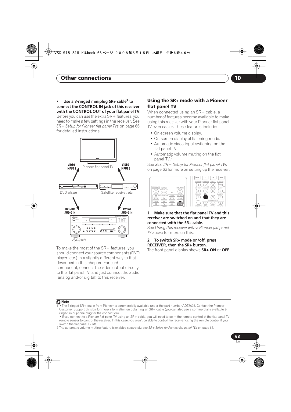 Using the sr+ mode with a pioneer flat panel tv, Other connections 10 | Pioneer VSX-818V User Manual | Page 63 / 76