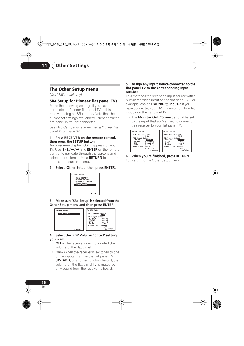 The other setup menu, Sr+ setup for pioneer flat panel tvs, Other settings 11 | Pioneer VSX-818V User Manual | Page 66 / 76