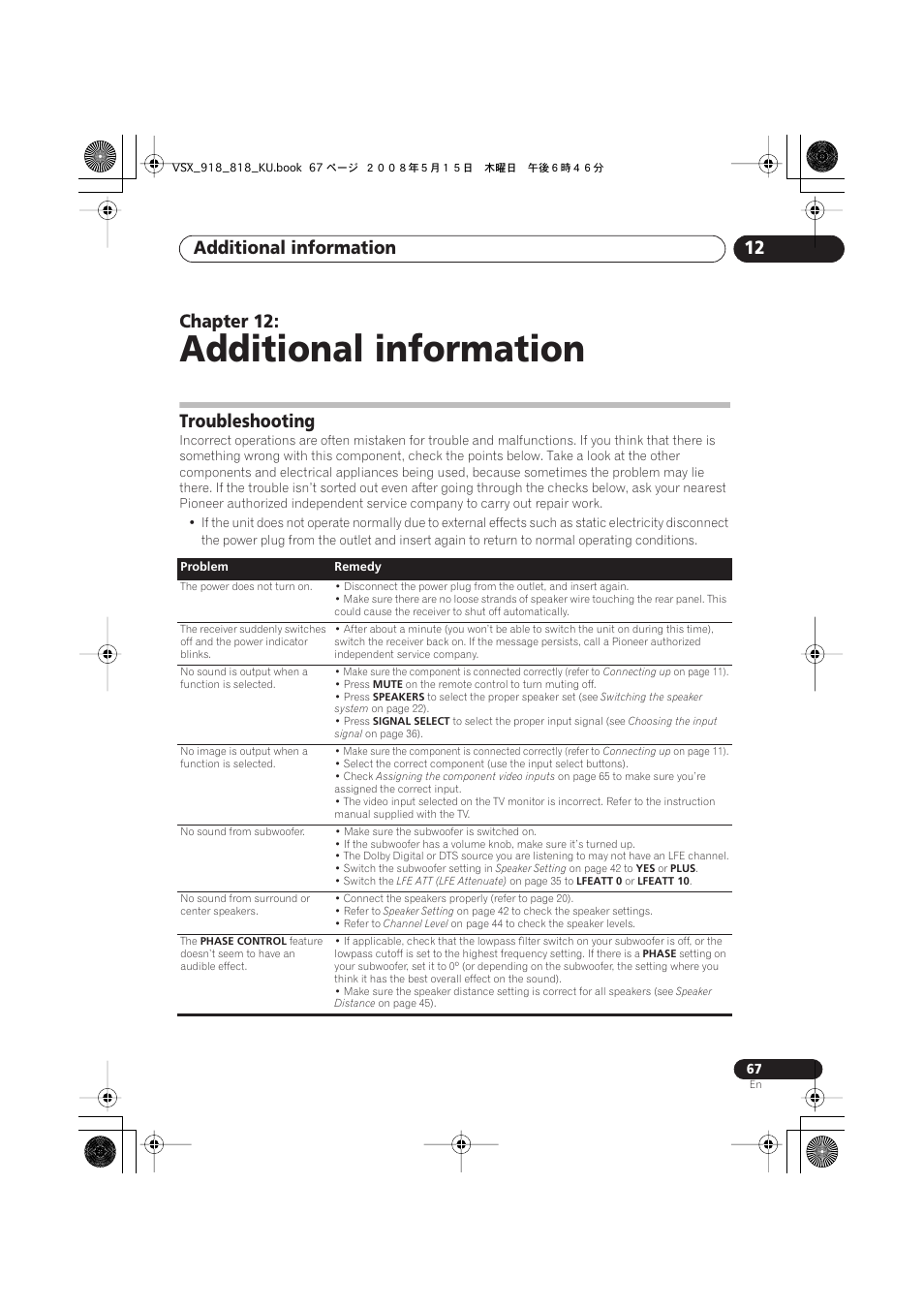 Troubleshooting, Additional information, Additional information 12 | Chapter 12 | Pioneer VSX-818V User Manual | Page 67 / 76