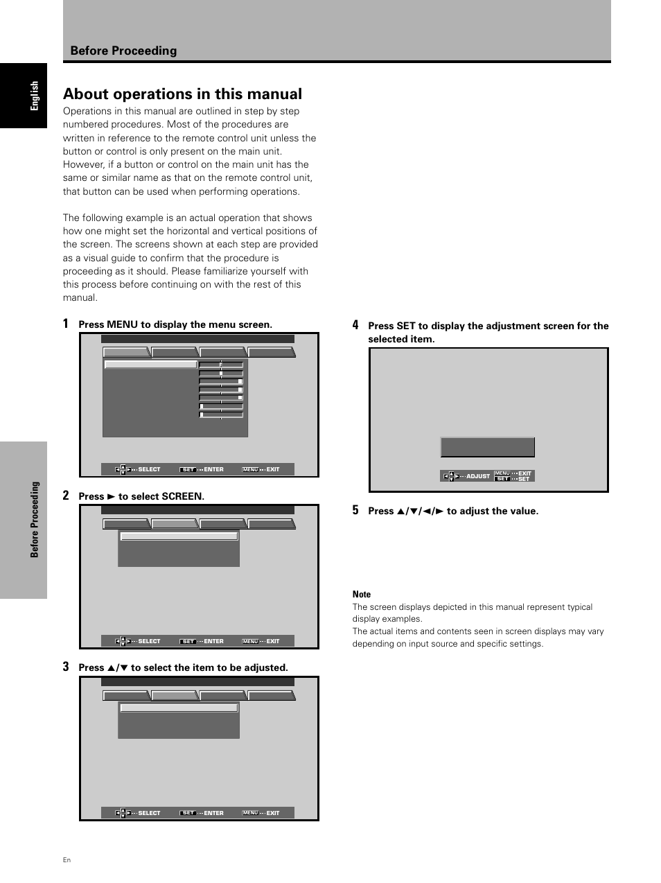 About operations in this manual, Before proceeding, Before proceeding english | Press 5 / ∞ / 2 / 3 to adjust the value, Press menu to display the menu screen, Press 3 to select screen, Press 5 / ∞ to select the item to be adjusted | Pioneer PDP 503CMX User Manual | Page 10 / 44