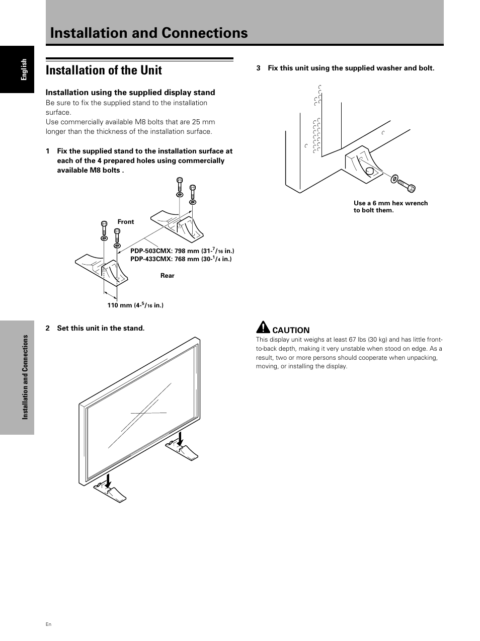 Installation and connections, Installation of the unit | Pioneer PDP 503CMX User Manual | Page 16 / 44
