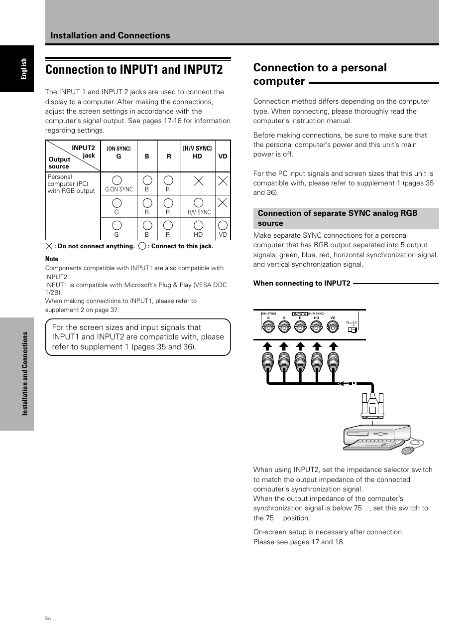 Connection to input1 and input2, Connection to a personal computer, Installation and connections | Connection of separate sync analog rgb source | Pioneer PDP 503CMX User Manual | Page 18 / 44