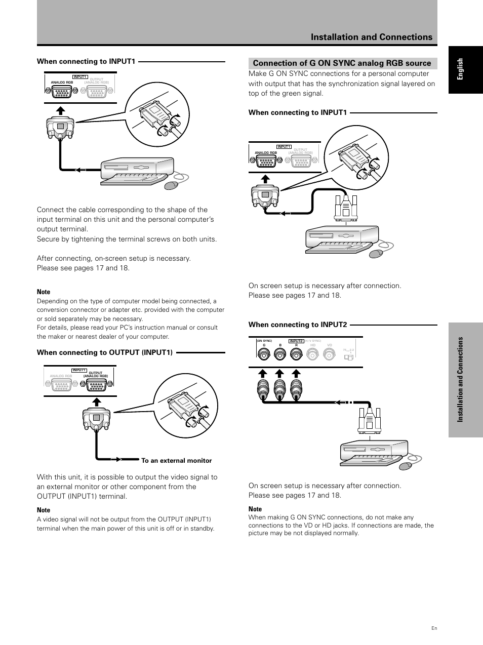 Installation and connections, Connection of g on sync analog rgb source, Installation and connections fran ç ais english | When connecting to input1, When connecting to output (input1) | Pioneer PDP 503CMX User Manual | Page 19 / 44
