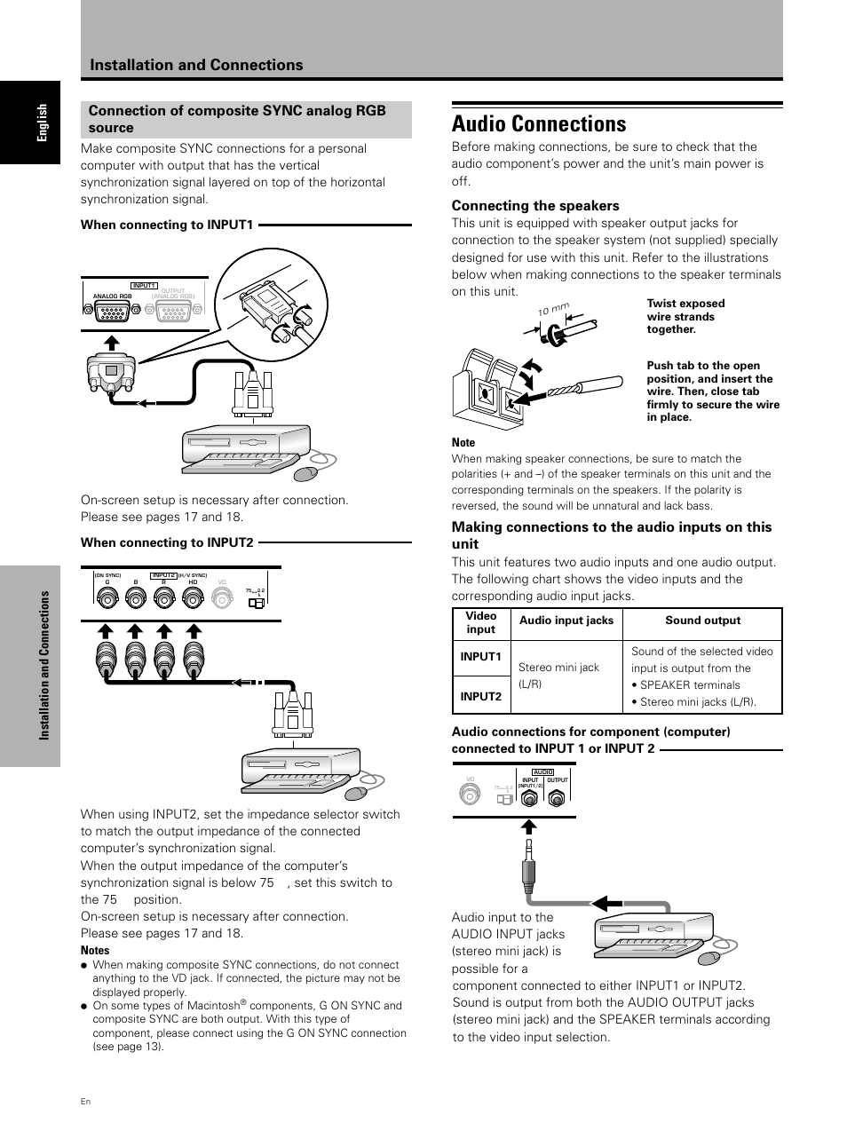 Audio connections, Installation and connections, Connection of composite sync analog rgb source | Connecting the speakers, English installation and connections | Pioneer PDP 503CMX User Manual | Page 20 / 44