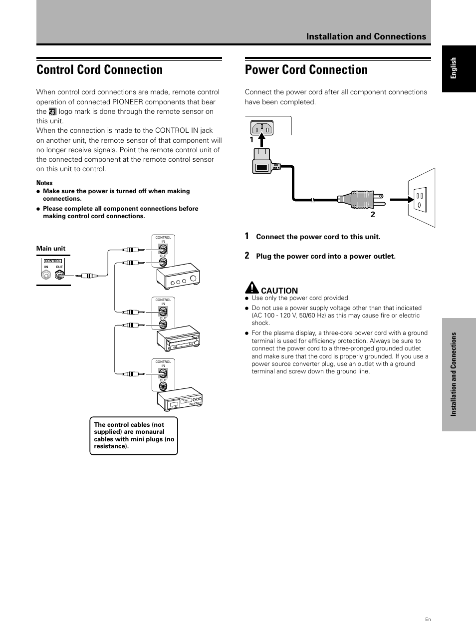 Control cord connection, Power cord connection, Installation and connections | Caution | Pioneer PDP 503CMX User Manual | Page 21 / 44