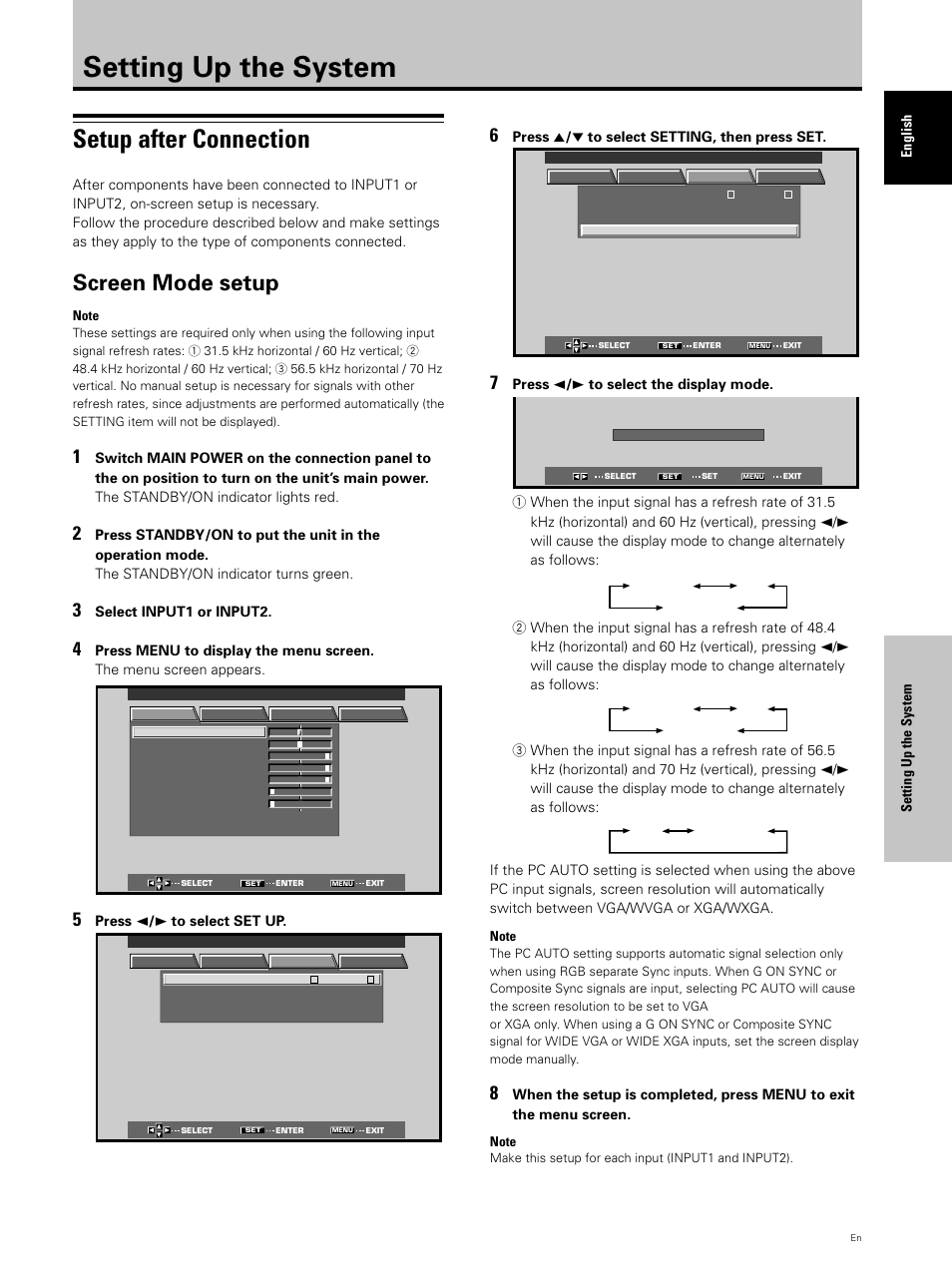 Setting up the system, Setup after connection, Screen mode setup | Pioneer PDP 503CMX User Manual | Page 23 / 44