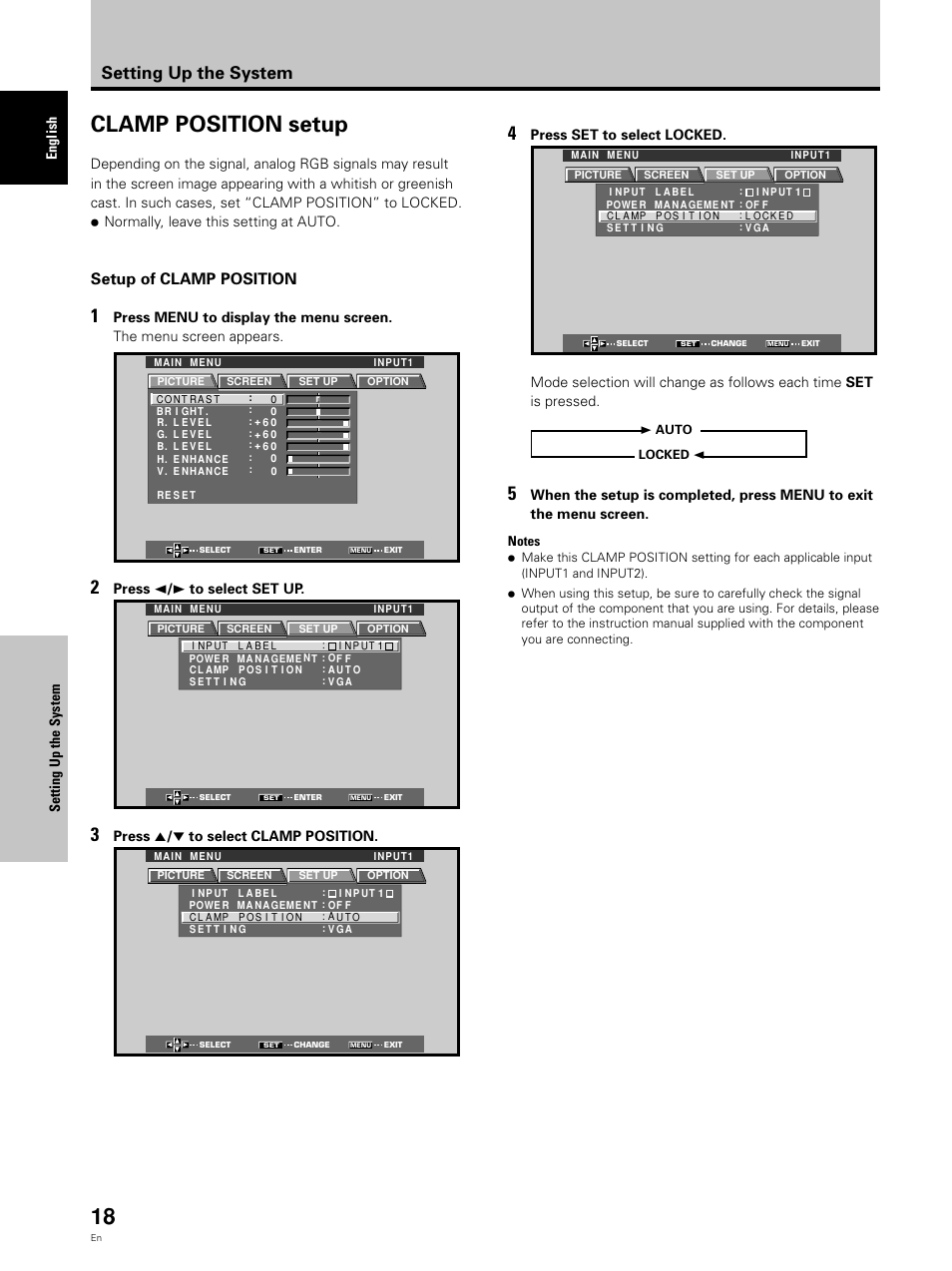 Clamp position setup, Setting up the system, Setup of clamp position | English setting up the system, Press 2 / 3 to select set up, Press 5 / ∞ to select clamp position, Press set to select locked | Pioneer PDP 503CMX User Manual | Page 24 / 44