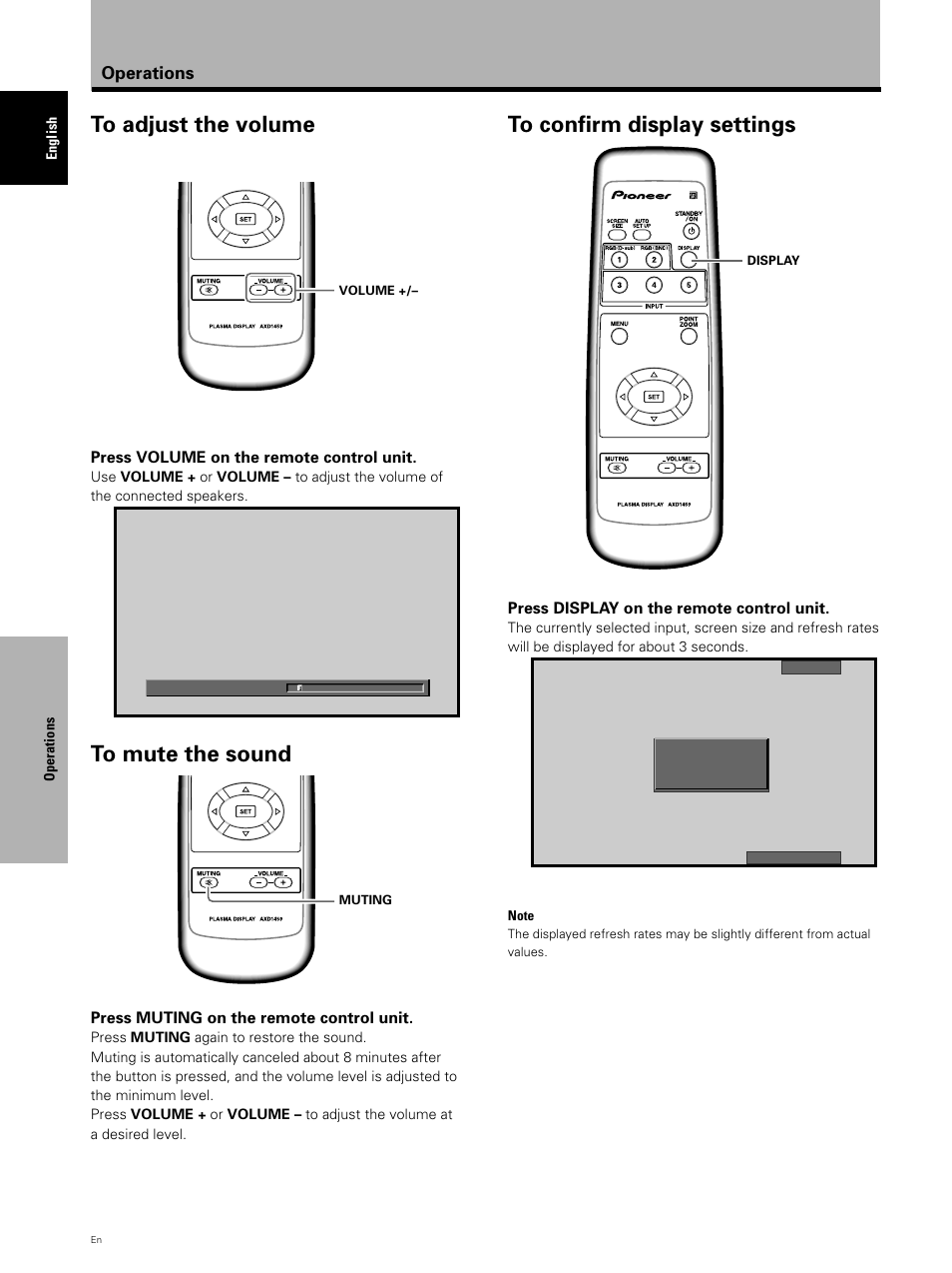 Operations, Press volume on the remote control unit, Press muting on the remote control unit | Press display on the remote control unit | Pioneer PDP 503CMX User Manual | Page 26 / 44
