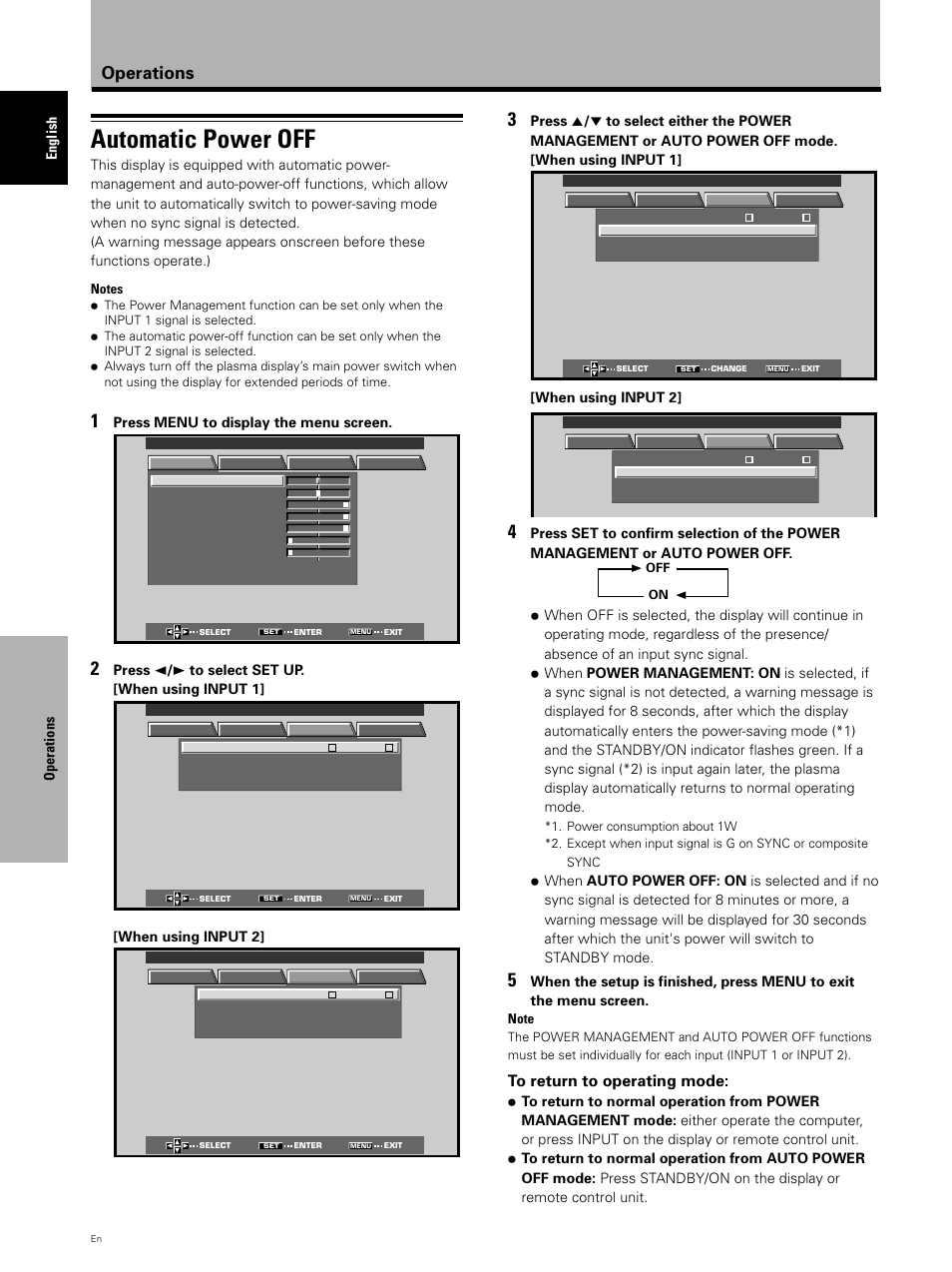 Automatic power off, Operations | Pioneer PDP 503CMX User Manual | Page 30 / 44