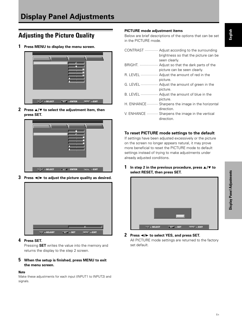 Display panel adjustments, Adjusting the picture quality | Pioneer PDP 503CMX User Manual | Page 31 / 44