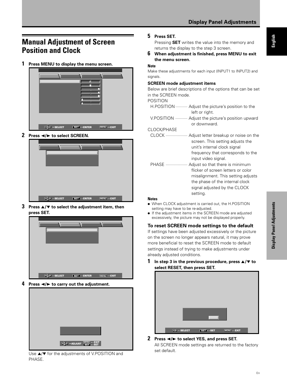 Manual adjustment of screen position and clock, Display panel adjustments | Pioneer PDP 503CMX User Manual | Page 33 / 44
