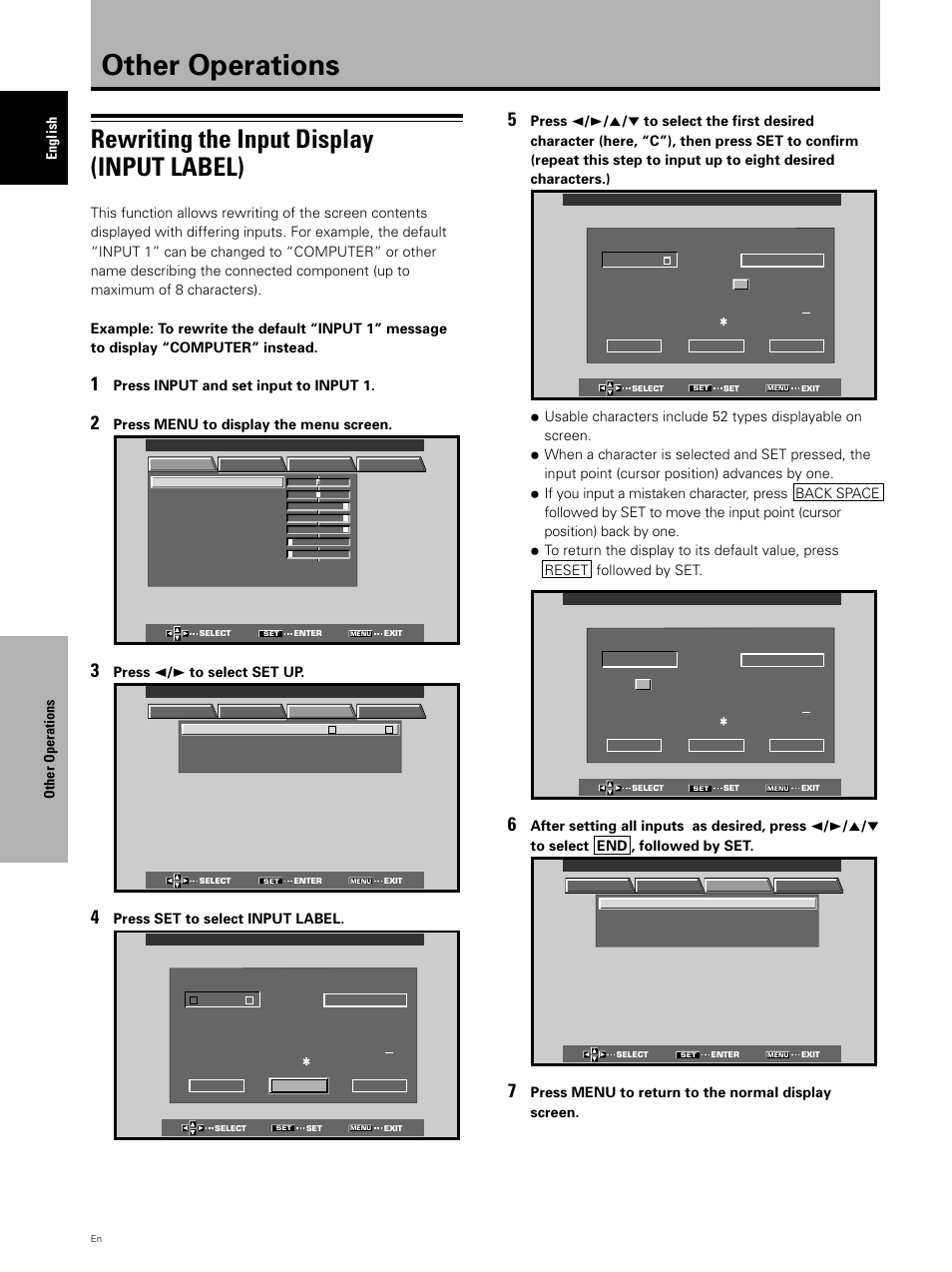 Other operations, Rewriting the input display (input label), Other operations english | Press input and set input to input 1, Press menu to display the menu screen, Press 2 / 3 to select set up, Press set to select input label, Press menu to return to the normal display screen | Pioneer PDP 503CMX User Manual | Page 34 / 44
