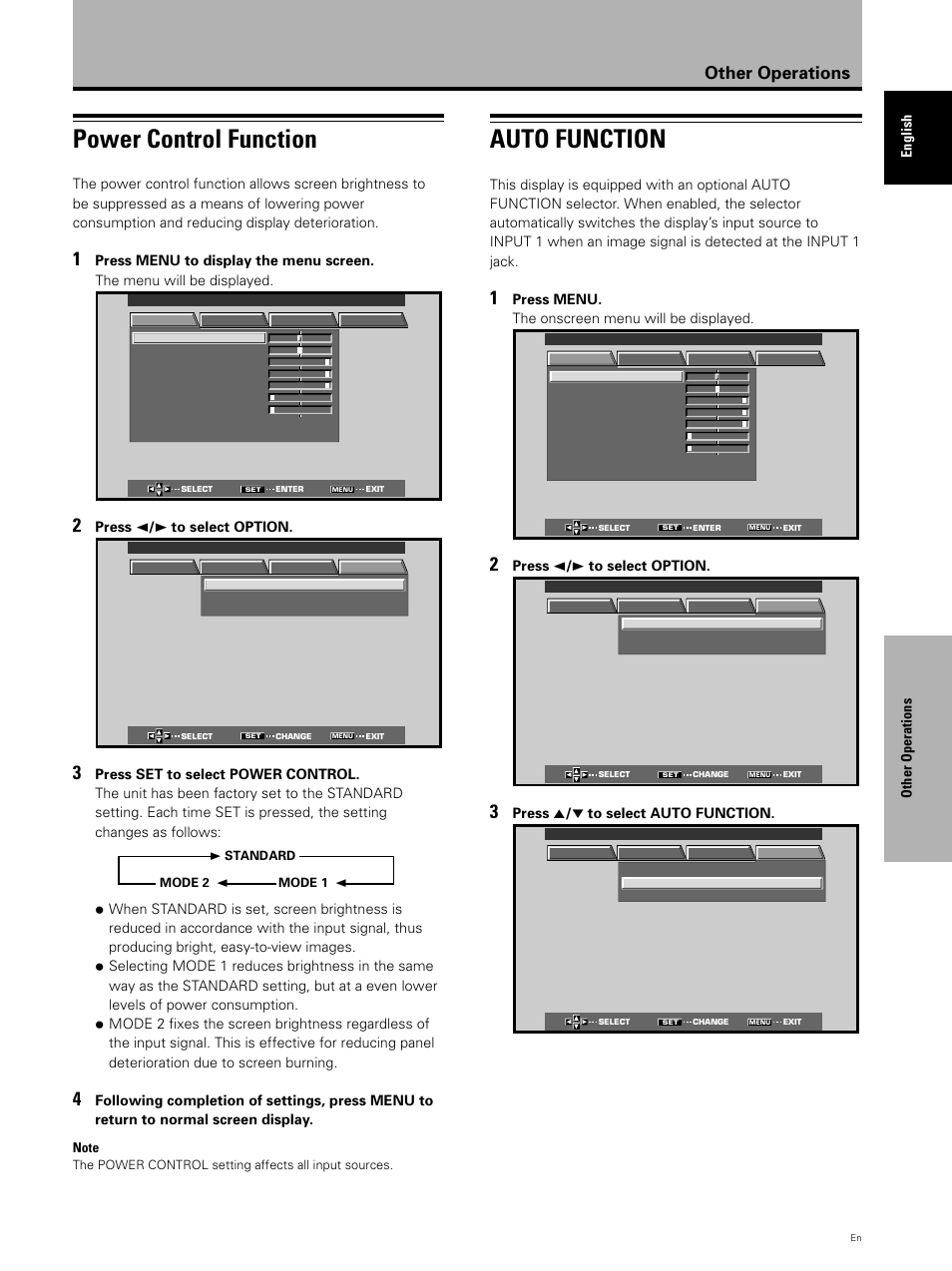 Power control function, Auto function, Other operations | Other operations english, Press 2 / 3 to select option, Press menu. the onscreen menu will be displayed, Press 5 / ∞ to select auto function | Pioneer PDP 503CMX User Manual | Page 35 / 44