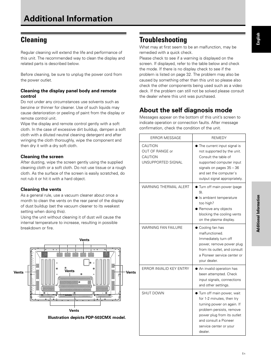 Additional information, Cleaning, Troubleshooting | About the self diagnosis mode | Pioneer PDP 503CMX User Manual | Page 37 / 44