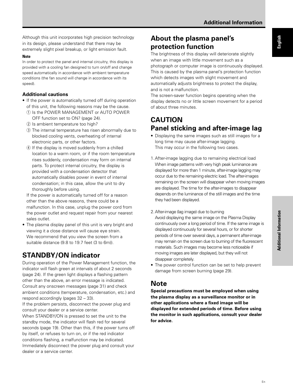 Standby/on indicator, About the plasma panel’s protection function, Caution panel sticking and after-image lag | Pioneer PDP 503CMX User Manual | Page 39 / 44