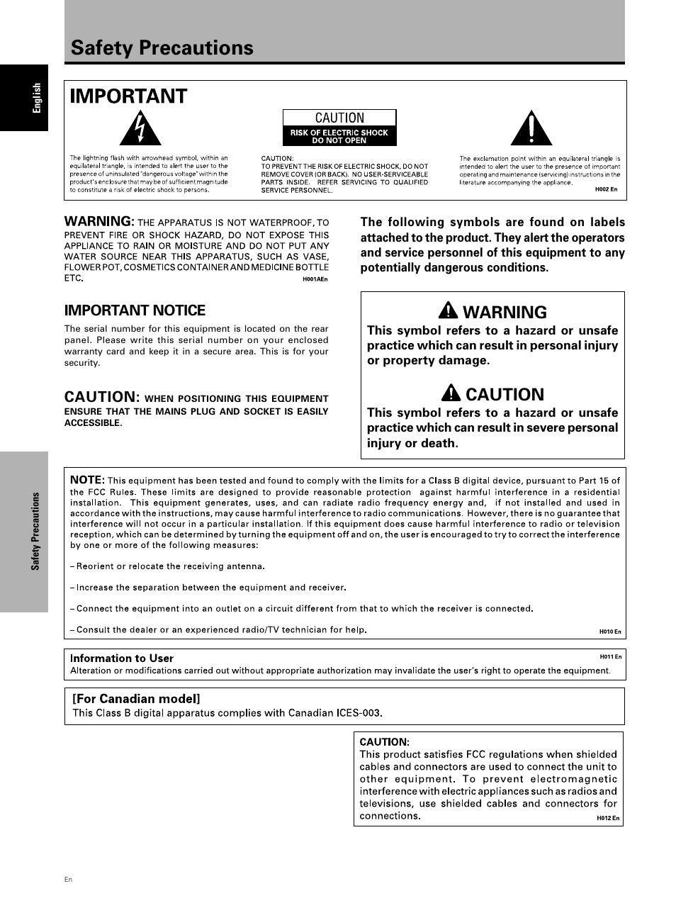 Safety precautions, Warning, Caution | Pioneer PDP 503CMX User Manual | Page 4 / 44