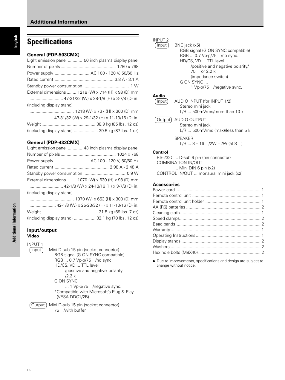 Specifications | Pioneer PDP 503CMX User Manual | Page 40 / 44