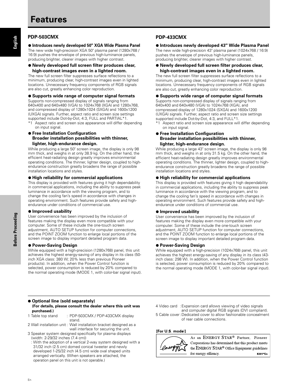Features | Pioneer PDP 503CMX User Manual | Page 8 / 44