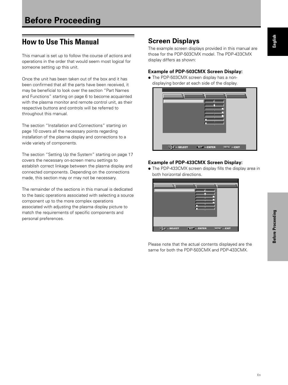 Before proceeding, How to use this manual, Screen displays | Example of pdp-503cmx screen display, Example of pdp-433cmx screen display, Before proceeding english | Pioneer PDP 503CMX User Manual | Page 9 / 44