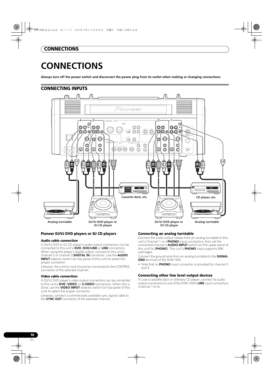 Connections, Connecting inputs, Pioneer dj/vj dvd players or dj cd players | Connecting an analog turntable, Connecting other line level output devices | Pioneer SVM-1000 User Manual | Page 10 / 48