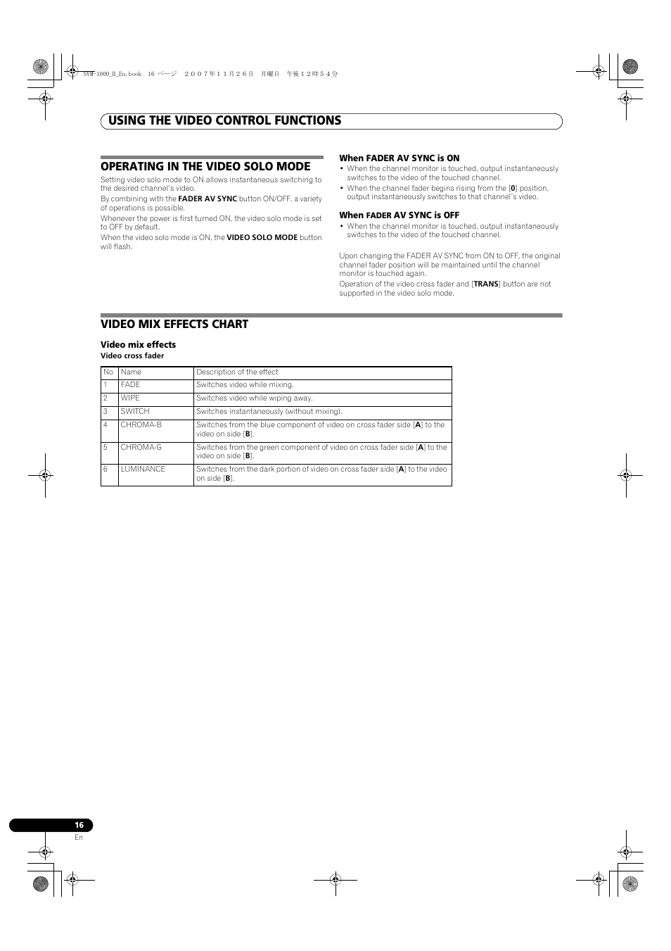 Using the video control functions, Operating in the video solo mode, Video mix effects chart | Pioneer SVM-1000 User Manual | Page 16 / 48