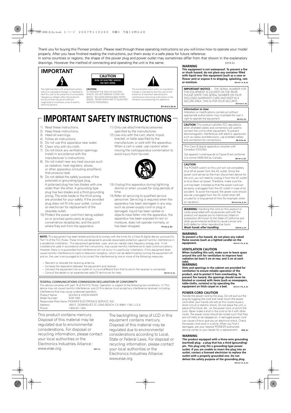 Important, Caution | Pioneer SVM-1000 User Manual | Page 2 / 48