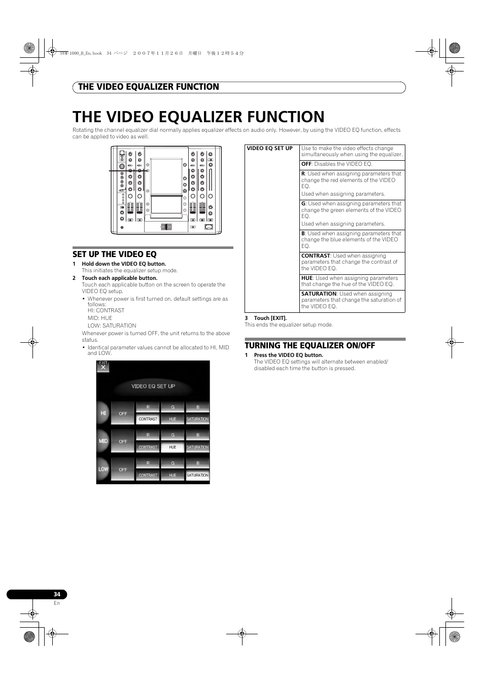 The video equalizer function, Set up the video eq turning the equalizer on/off | Pioneer SVM-1000 User Manual | Page 34 / 48