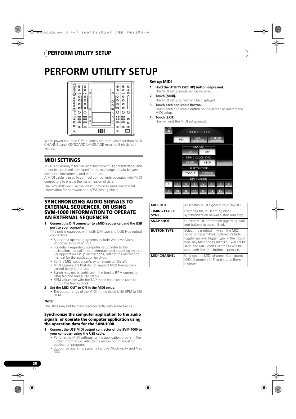 Perform utility setup, Midi settings | Pioneer SVM-1000 User Manual | Page 36 / 48