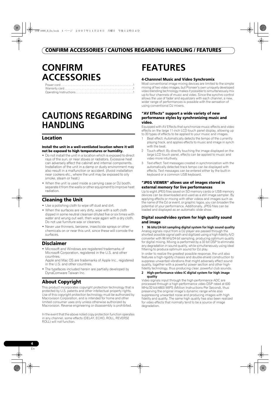 Confirm accessories, Cautions regarding handling, Features | Pioneer SVM-1000 User Manual | Page 4 / 48