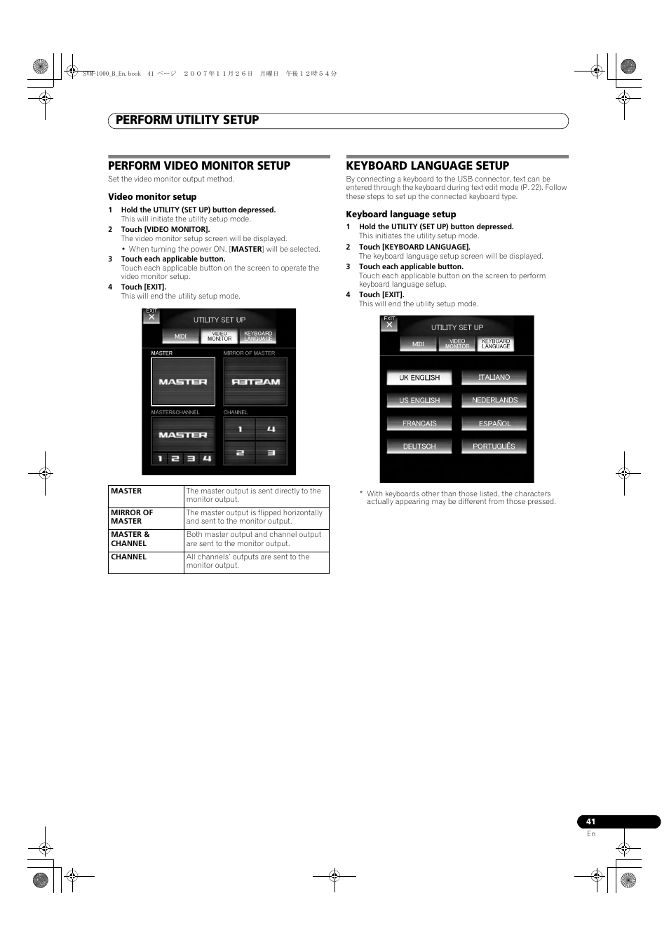 Perform utility setup, Perform video monitor setup, Keyboard language setup | Pioneer SVM-1000 User Manual | Page 41 / 48