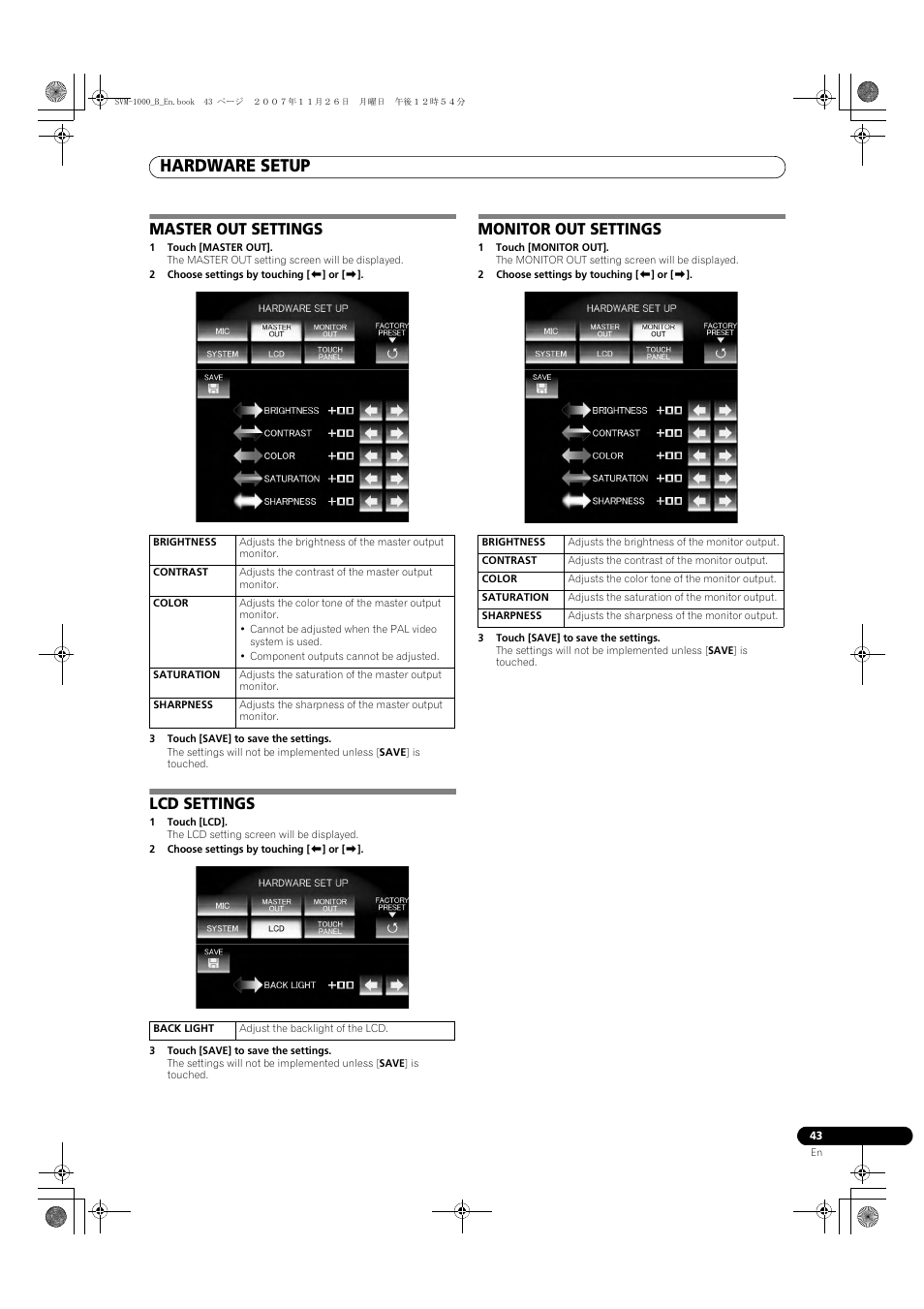 Hardware setup, Master out settings, Lcd settings | Monitor out settings | Pioneer SVM-1000 User Manual | Page 43 / 48