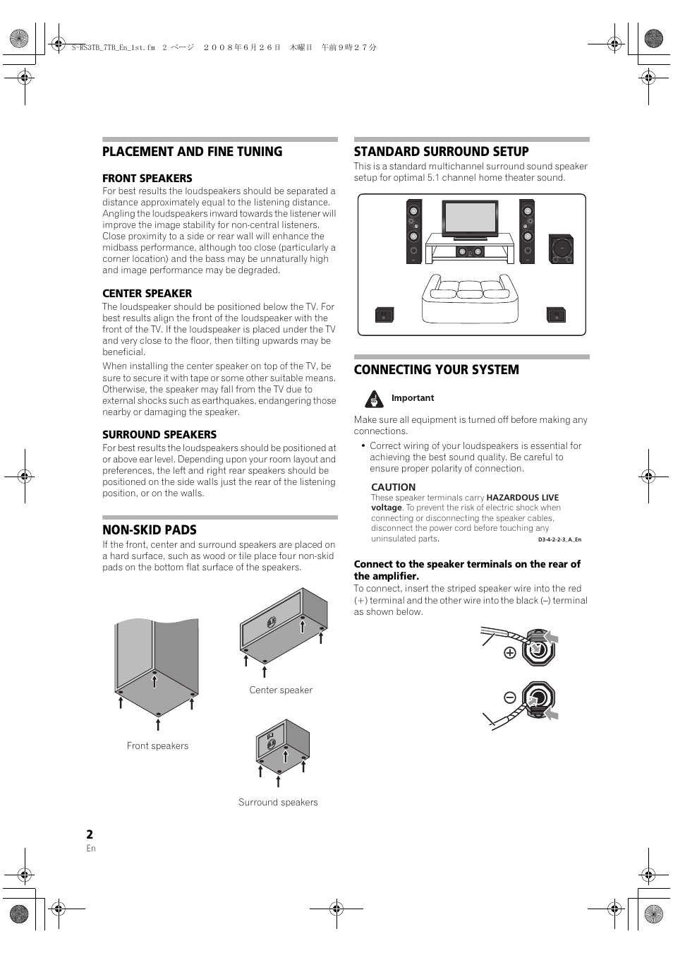 Placement and fine tuning, Non-skid pads, Standard surround setup | Connecting your system | Pioneer S-RS3TB User Manual | Page 2 / 12