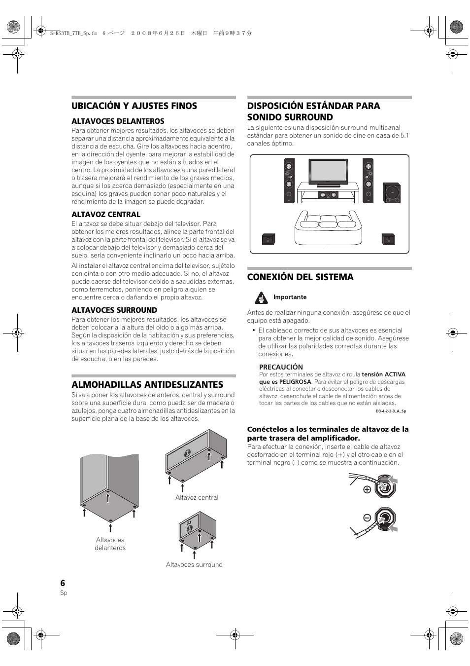 Ubicación y ajustes finos, Almohadillas antideslizantes, Disposición estándar para sonido surround | Conexión del sistema | Pioneer S-RS3TB User Manual | Page 6 / 12