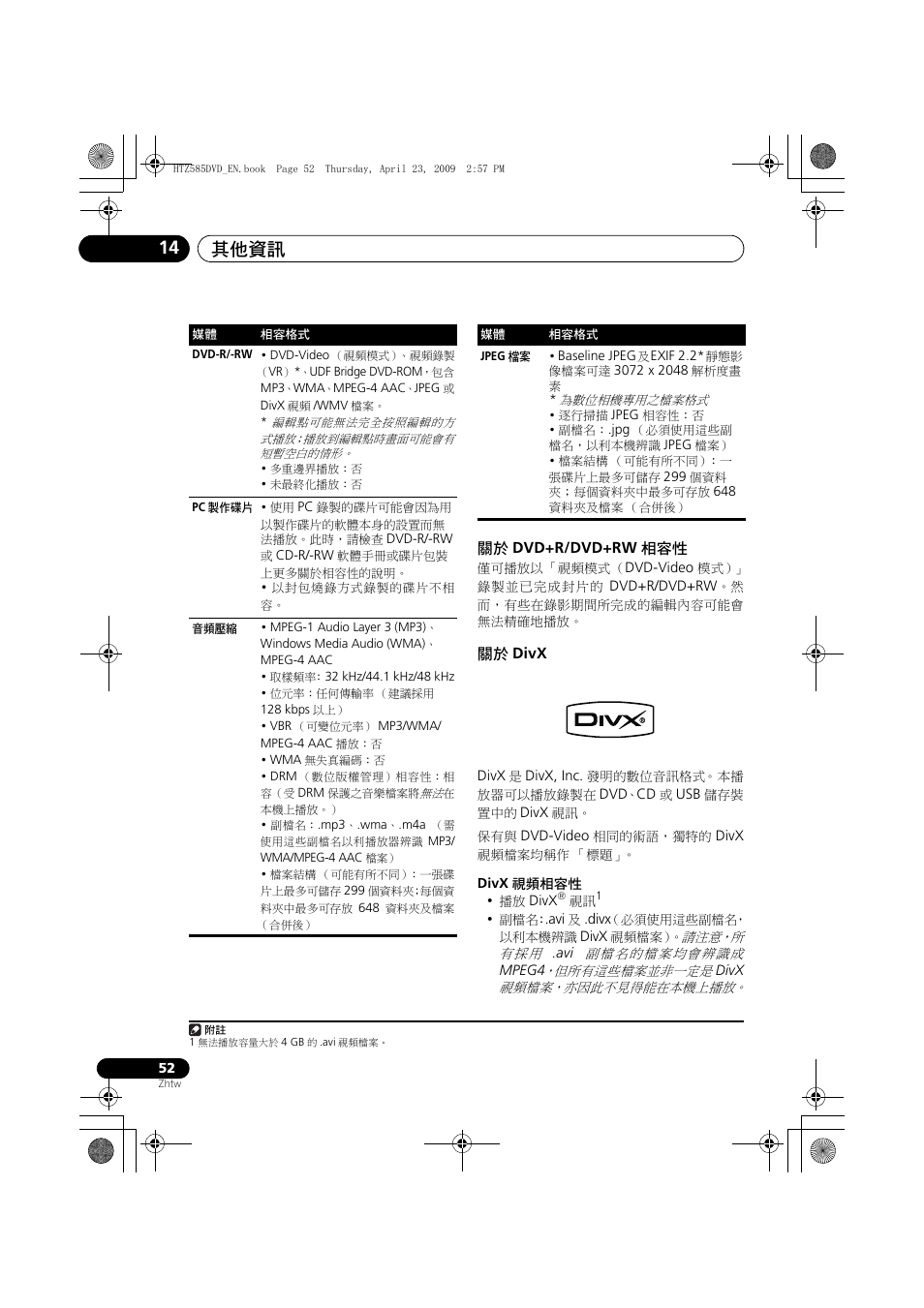 Dvd+r/dvd+rw, Divx, 其他資訊 14 | Pioneer HTZ-FS30DVD User Manual | Page 114 / 126