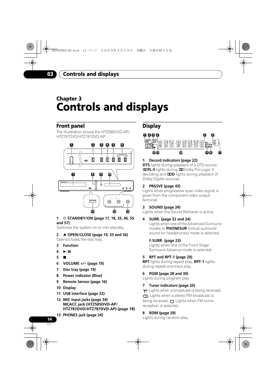 Front panel, Display, Controls and displays | Controls and displays 03, Chapter 3 | Pioneer HTZ-FS30DVD User Manual | Page 14 / 126
