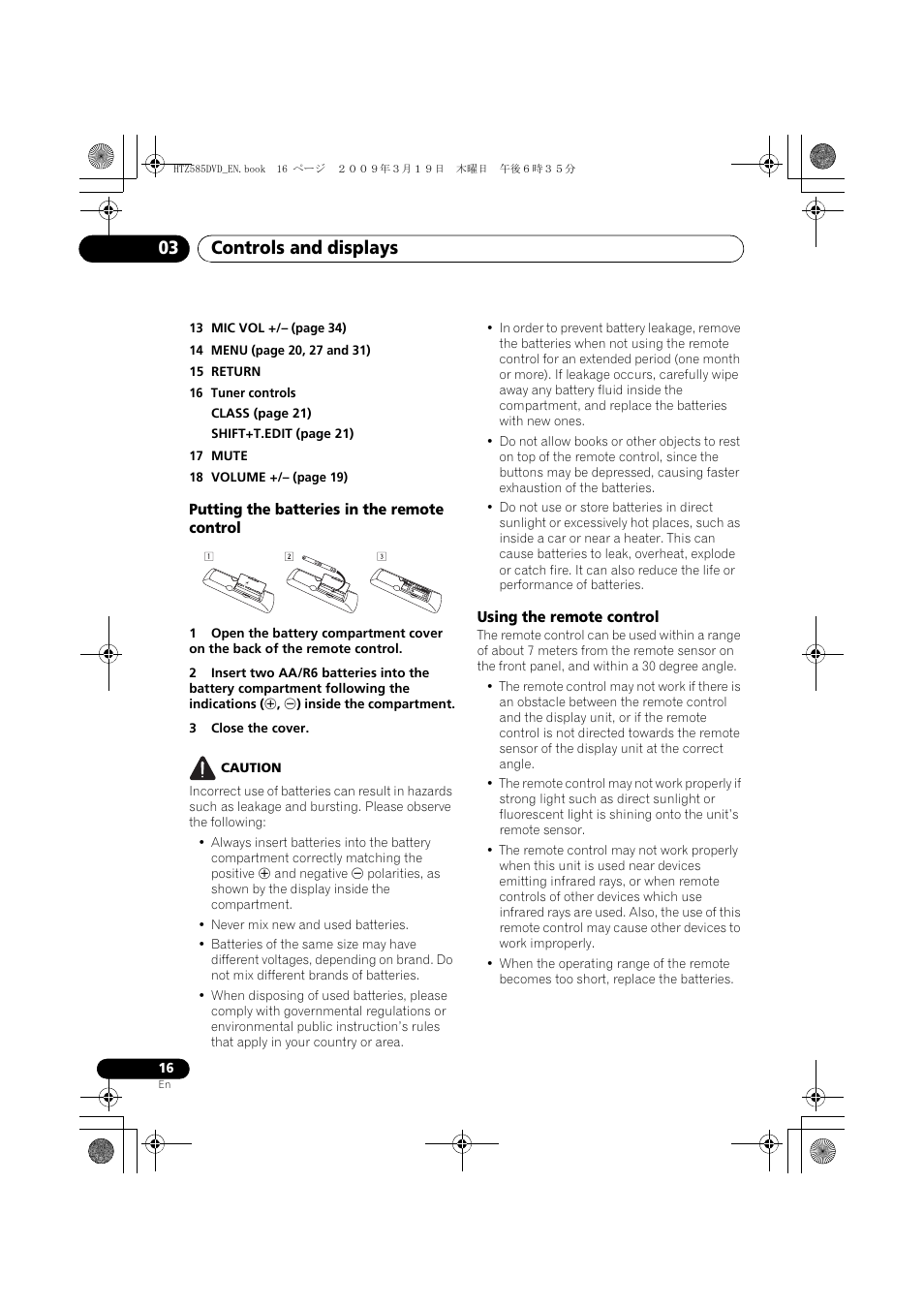 Putting the batteries in the remote control, Using the remote control, Controls and displays 03 | Pioneer HTZ-FS30DVD User Manual | Page 16 / 126