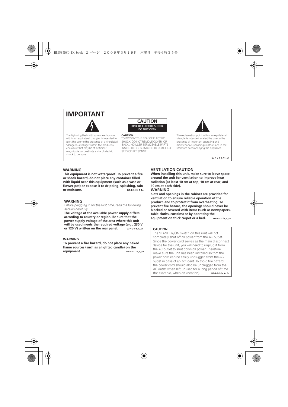 Important, Caution | Pioneer HTZ-FS30DVD User Manual | Page 2 / 126