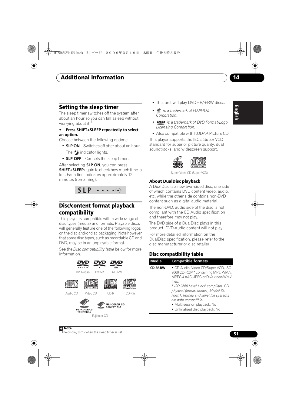 Setting the sleep timer, Disc/content format playback compatibility, Disc compatibility table | S l p, Additional information 14 | Pioneer HTZ-FS30DVD User Manual | Page 51 / 126