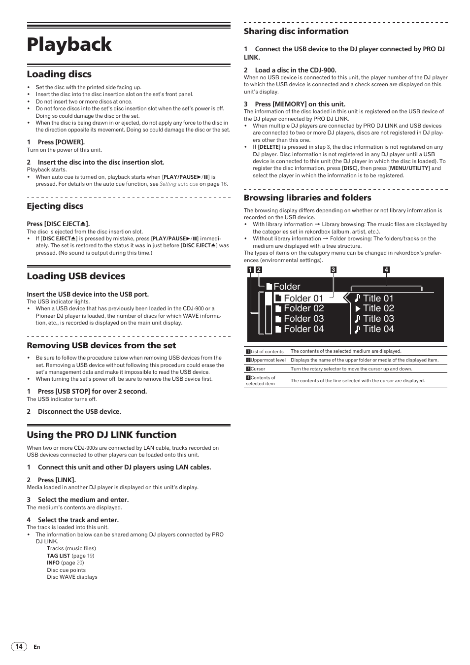 Playback, Loading discs, Loading usb devices | Using the pro dj link function | Pioneer CDJ-900 User Manual | Page 14 / 31