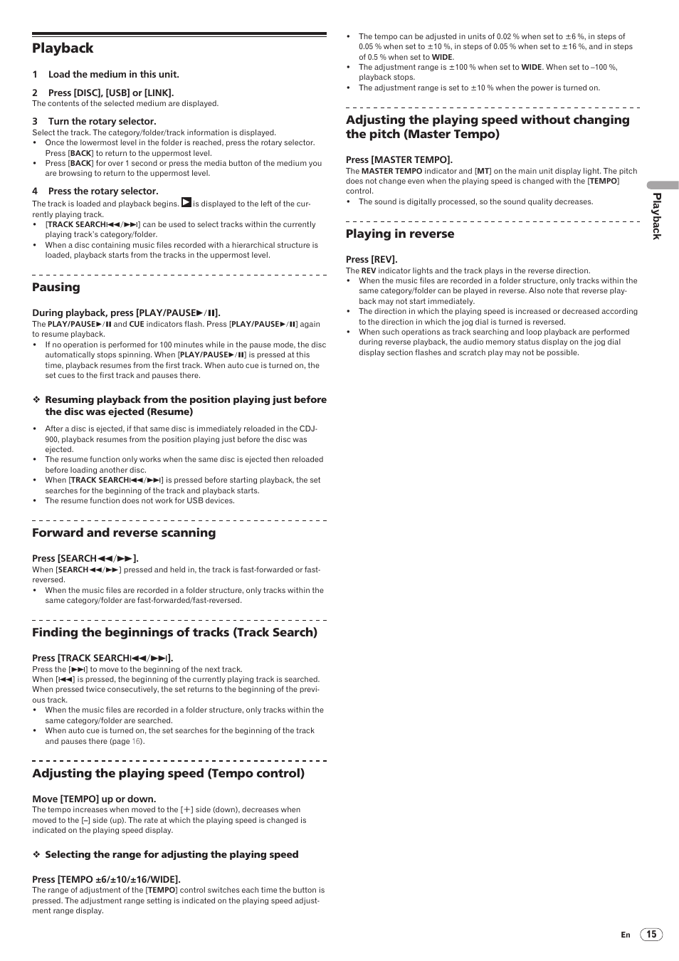 Playback, Drb1486-a, Pausing | Forward and reverse scanning, Finding the beginnings of tracks (track search), Adjusting the playing speed (tempo control), Playing in reverse | Pioneer CDJ-900 User Manual | Page 15 / 31