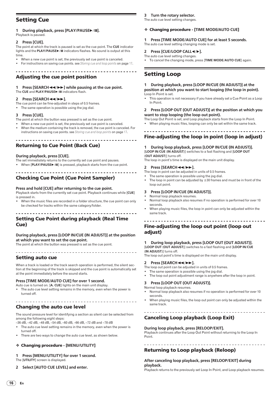 Setting cue setting loop, Setting cue, Setting loop | Pioneer CDJ-900 User Manual | Page 16 / 31