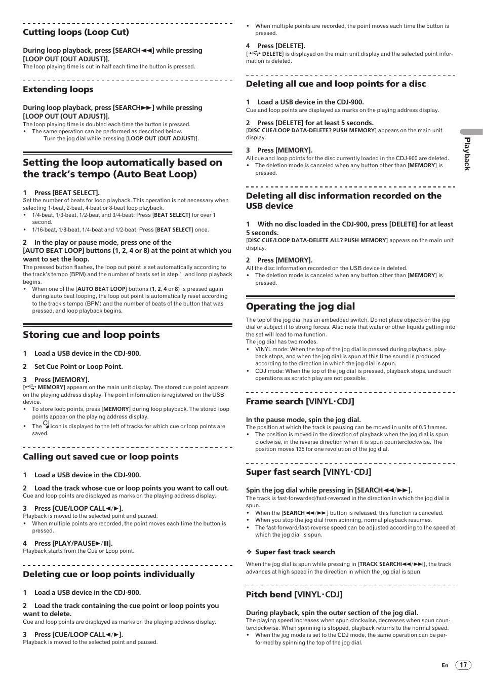 Storing cue and loop points, Operating the jog dial | Pioneer CDJ-900 User Manual | Page 17 / 31