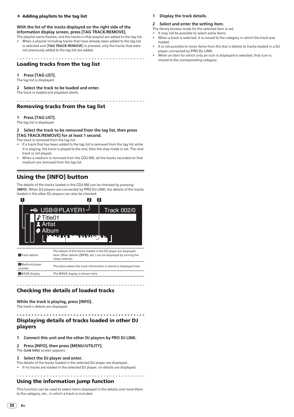 Using the [info] button, Drb1486-a, Loading tracks from the tag list | Removing tracks from the tag list, Checking the details of loaded tracks, Using the information jump function | Pioneer CDJ-900 User Manual | Page 20 / 31