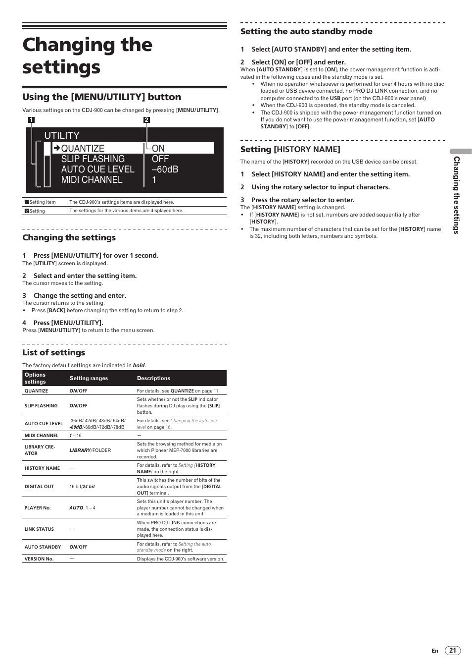 Using the [menu/utility] button, Changing the settings, Drb1486-a | List of settings, Setting the auto standby mode, Setting [ history name | Pioneer CDJ-900 User Manual | Page 21 / 31