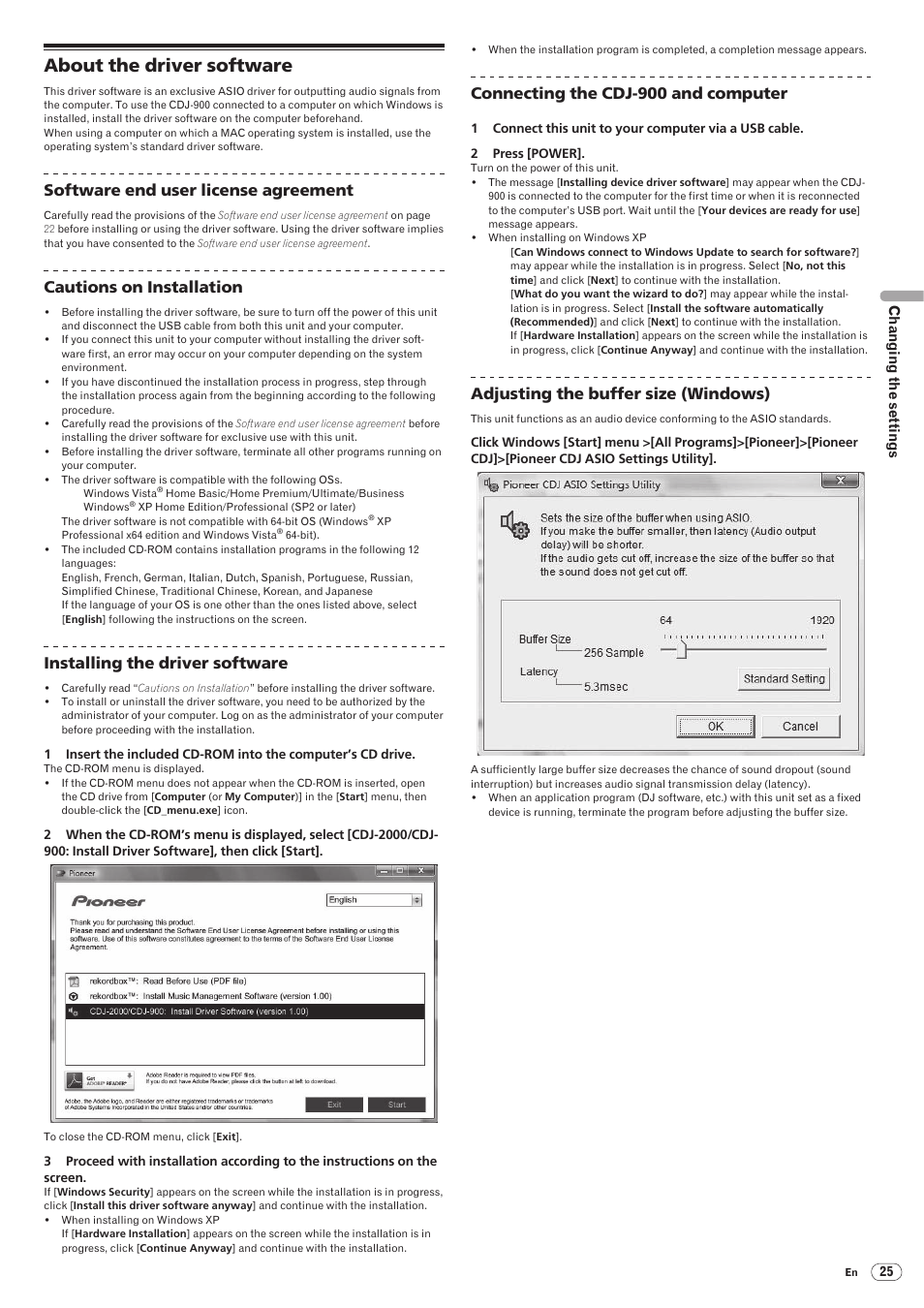 About the driver software, Drb1486-a, Software end user license agreement | Cautions on installation, Installing the driver software, Connecting the cdj-900 and computer, Adjusting the buffer size (windows) | Pioneer CDJ-900 User Manual | Page 25 / 31