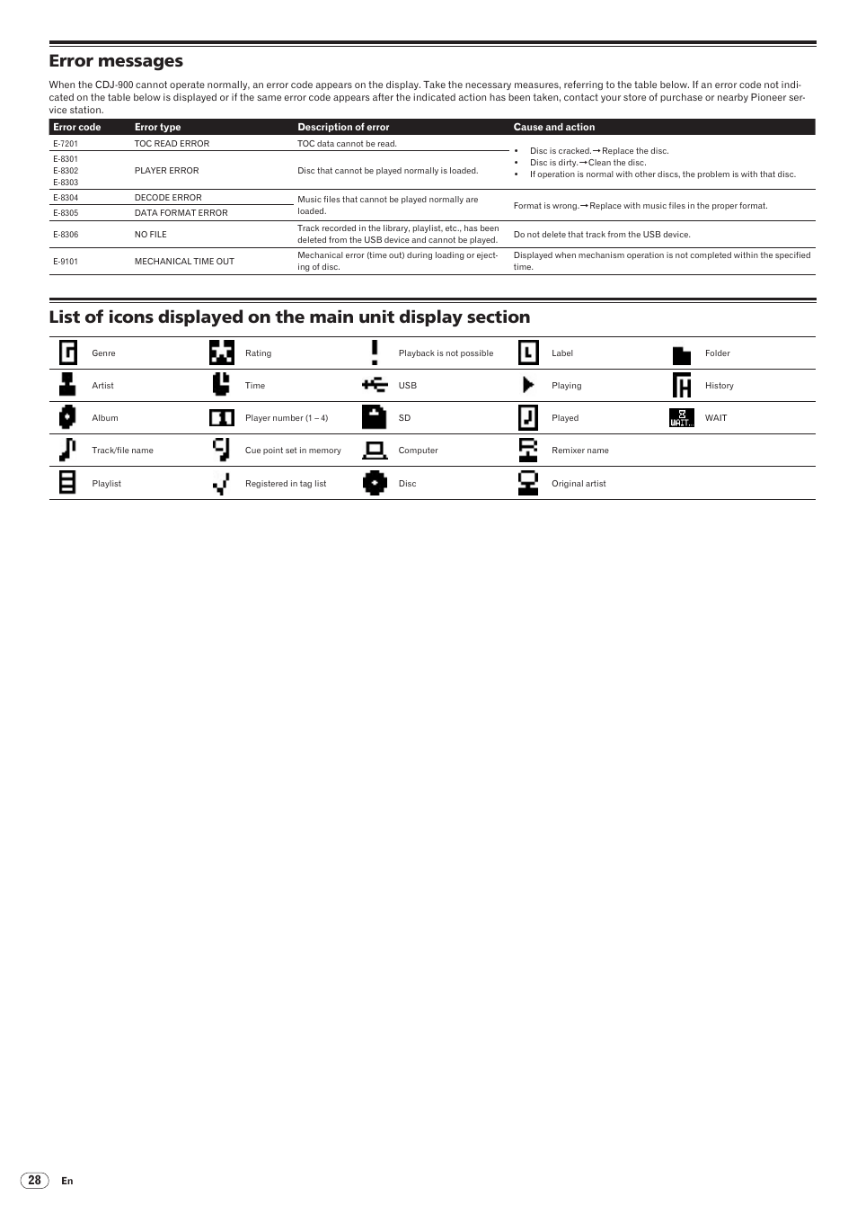 Error messages, Drb1486-a | Pioneer CDJ-900 User Manual | Page 28 / 31