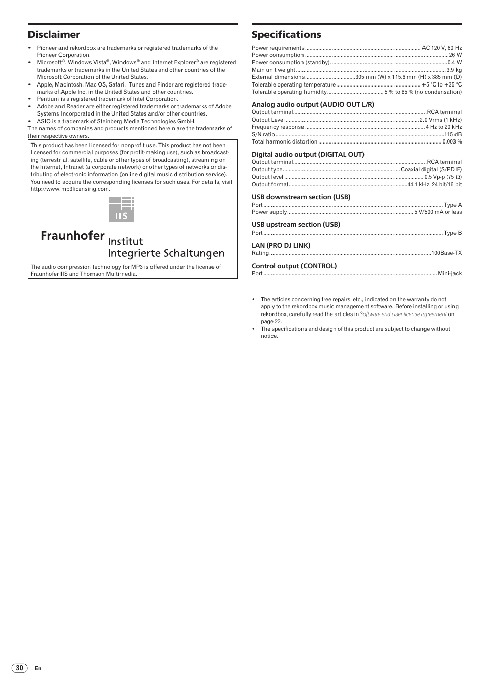 Disclaimer specifications, Disclaimer, Specifications | Drb1486-a | Pioneer CDJ-900 User Manual | Page 30 / 31