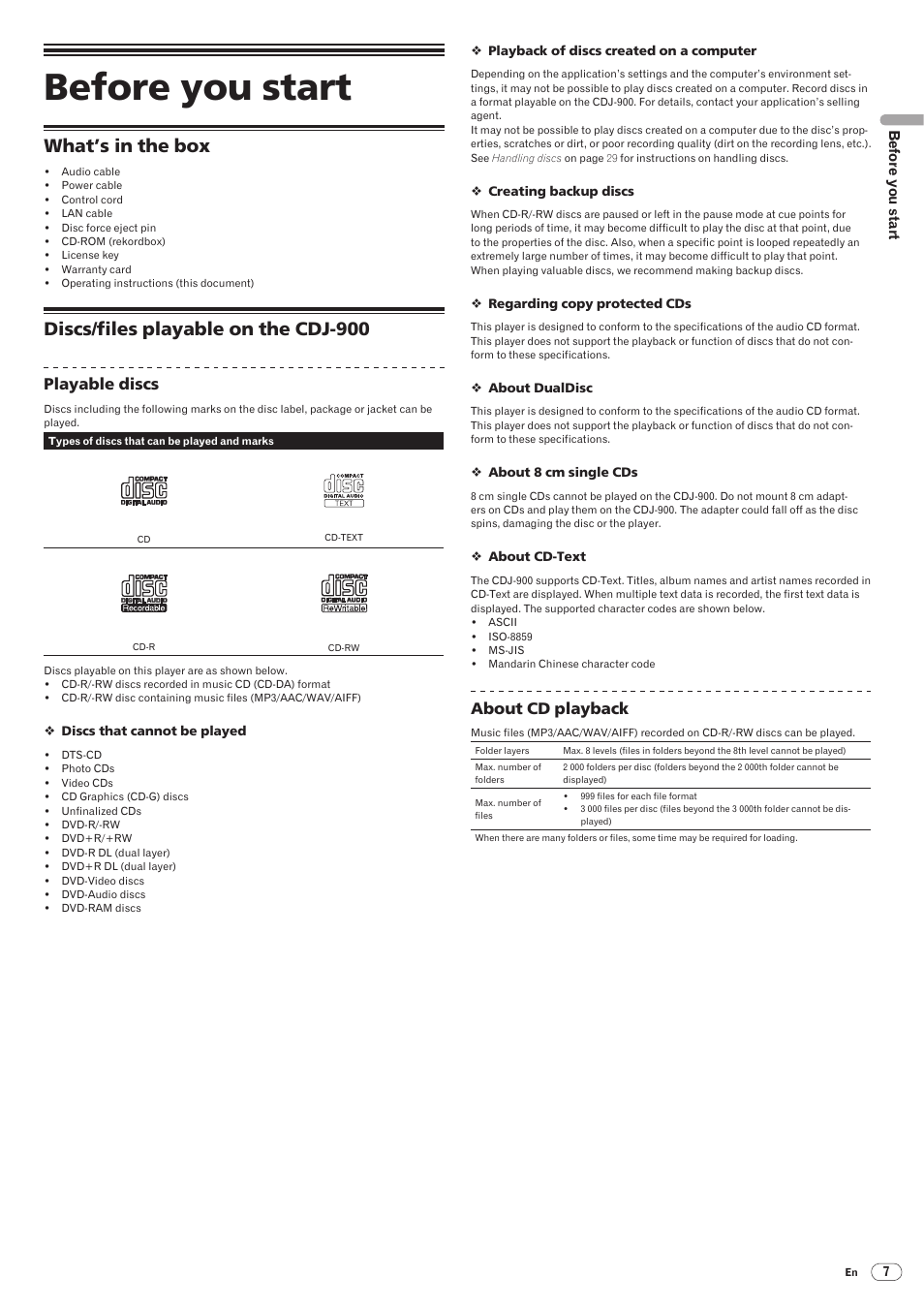 Before you start, What’s in the box, Discs/ files playable on the cdj-900 | Pioneer CDJ-900 User Manual | Page 7 / 31