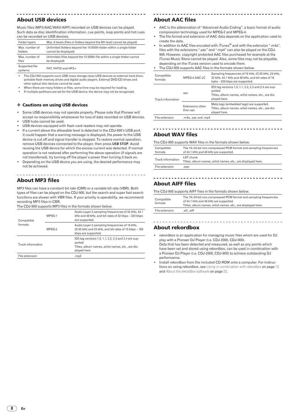 Drb1486-a, About usb devices, About mp3 files | About aac files, About wav files, About aiff files, About rekordbox | Pioneer CDJ-900 User Manual | Page 8 / 31